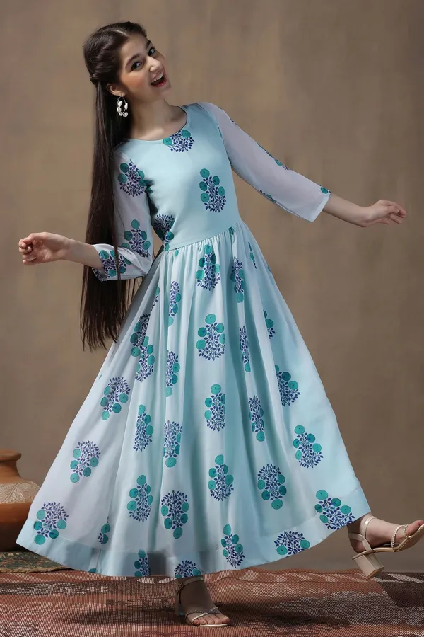 Sky_Blue_Georgette_Floral_Printed_Fit_&_Flare_Maxi_Length_Dress_For_Girls