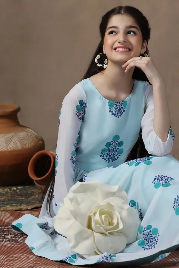 Sky_Blue_Georgette_Floral_Printed_Fit_&_Flare_Maxi_Length_Dress_For_Girls