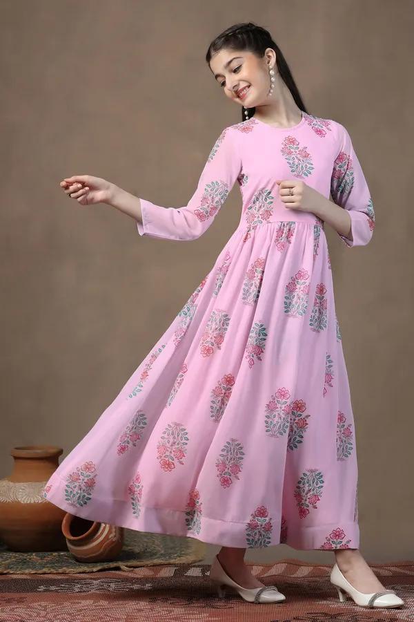 Light_Pink_Georgette_Floral_Printed_Fit_&_Flare_Maxi_Length_Dress_For_Girls