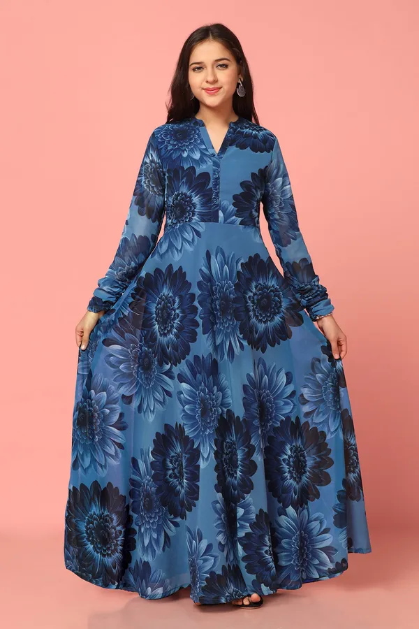 Navy_Blue_Georgette_Maxi_Length_Floral_Print_Dress_For_Girls