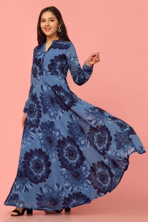 Navy_Blue_Georgette_Maxi_Length_Floral_Print_Dress_For_Girls
