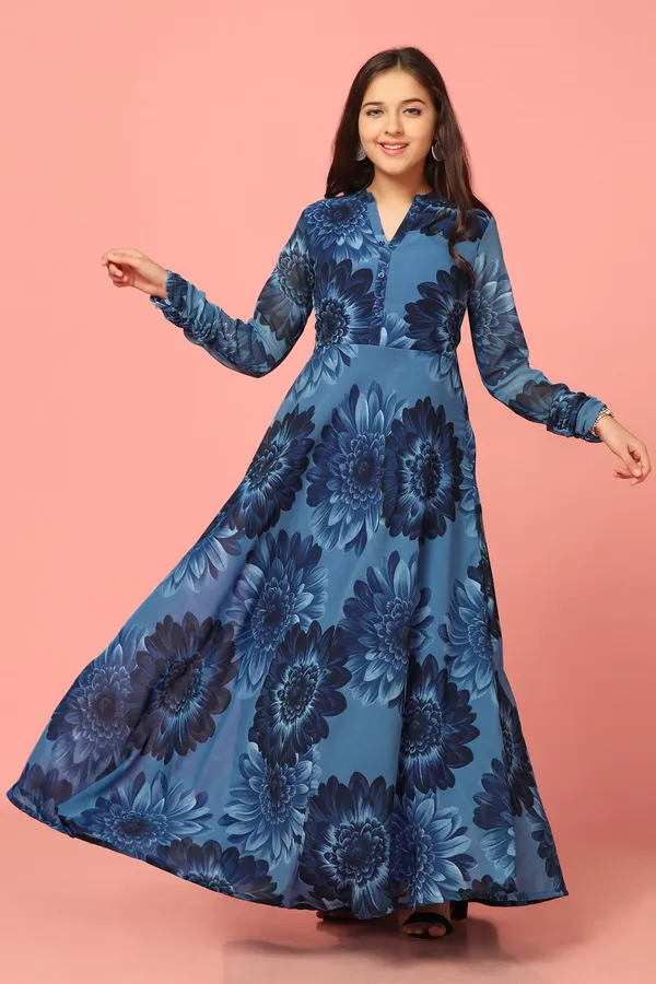 Navy_Blue_Georgette_Maxi_Length_Floral_Print_Dress_For_Girls