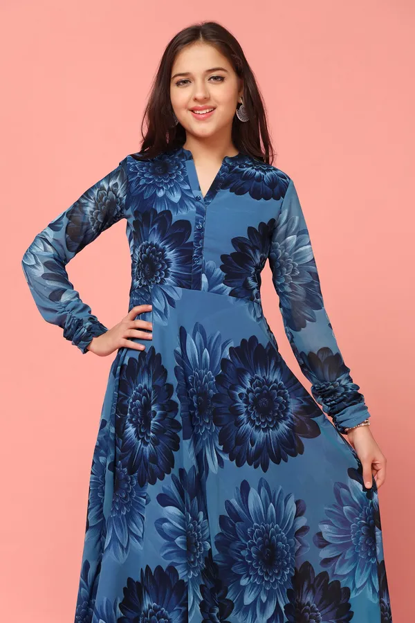 Navy_Blue_Georgette_Maxi_Length_Floral_Print_Dress_For_Girls