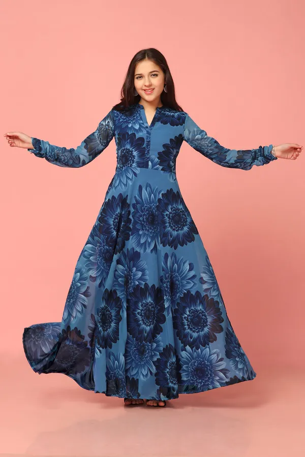 Navy_Blue_Georgette_Maxi_Length_Floral_Print_Dress_For_Girls