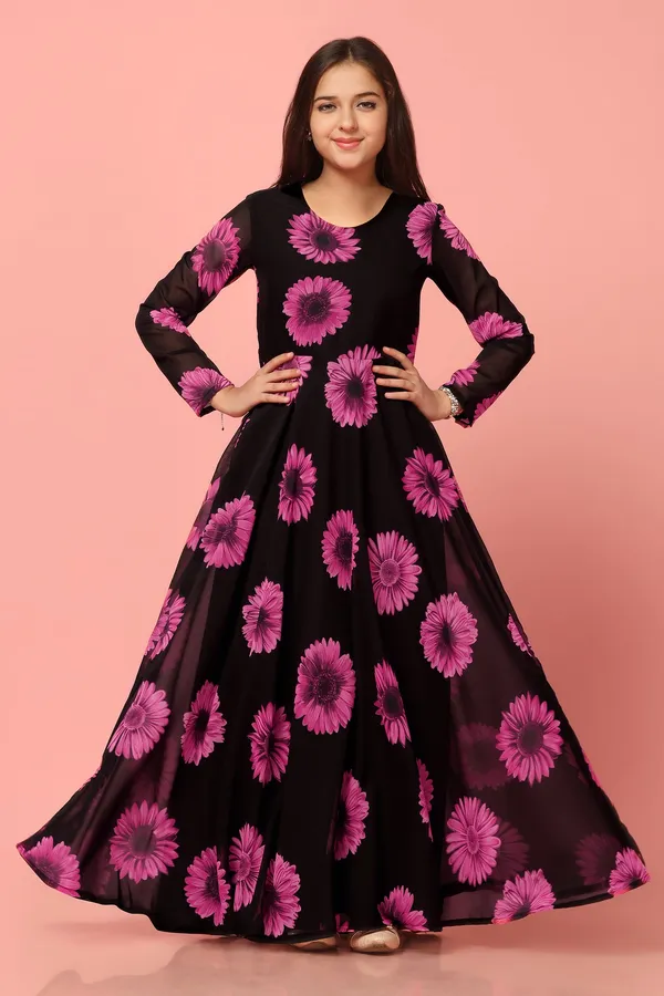 Black_Georgette_Floral_Printed_Fit_&_Flare_Maxi_Length_Dress_For_Girls