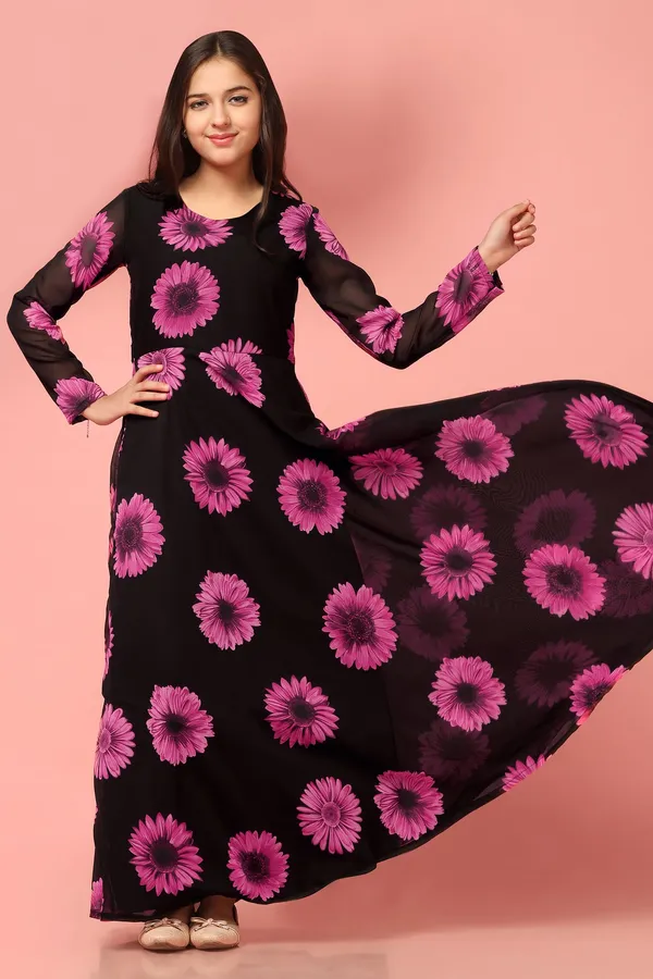 Black_Georgette_Floral_Printed_Fit_&_Flare_Maxi_Length_Dress_For_Girls