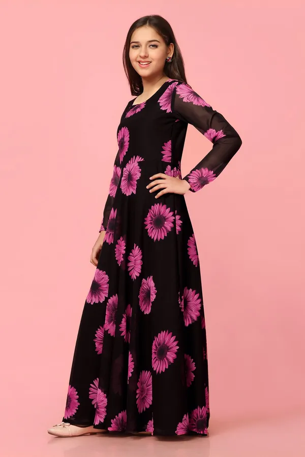 Black_Georgette_Floral_Printed_Fit_&_Flare_Maxi_Length_Dress_For_Girls