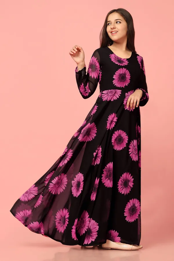 Black_Georgette_Floral_Printed_Fit_&_Flare_Maxi_Length_Dress_For_Girls