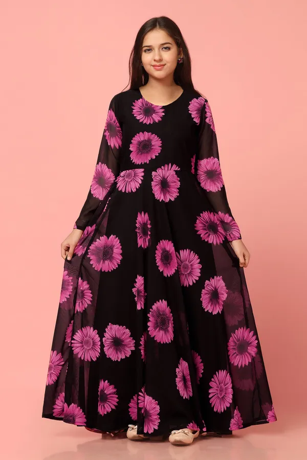 Black_Georgette_Floral_Printed_Fit_&_Flare_Maxi_Length_Dress_For_Girls