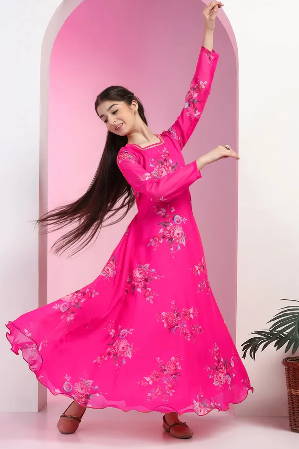 Pink_Organza_Floral_Printed_Fit_&_Flare_Maxi_Length_Dress_For_Girls