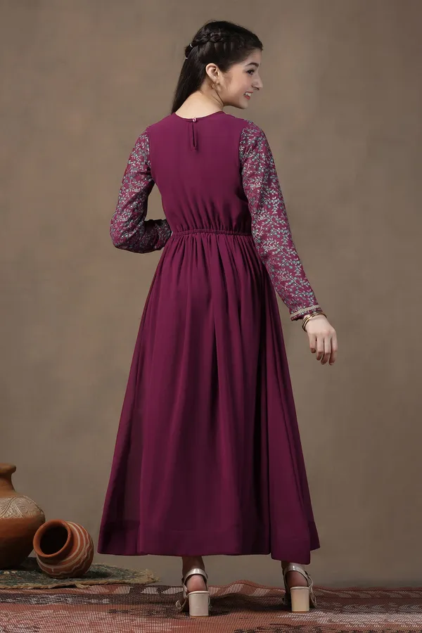 Wine_Georgette_Printed_Empire_West_Fit_&_Flare_Maxi_Length_Dress_For_Girls