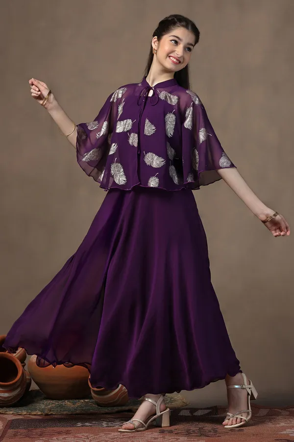 Voilet_Georgette_Solid_Fit_&_Flare_Calf_Length_Dress_For_Girls