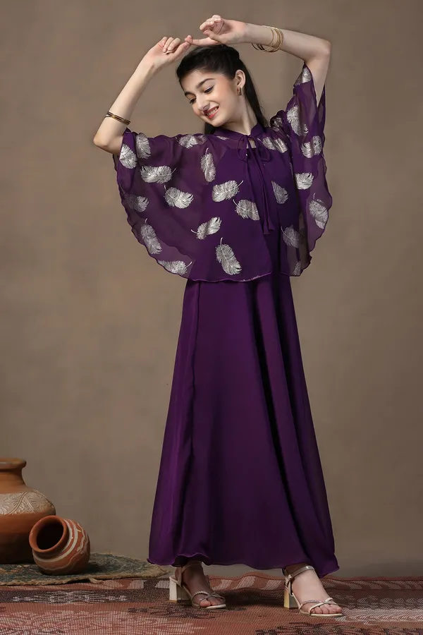 Voilet_Georgette_Solid_Fit_&_Flare_Calf_Length_Dress_For_Girls