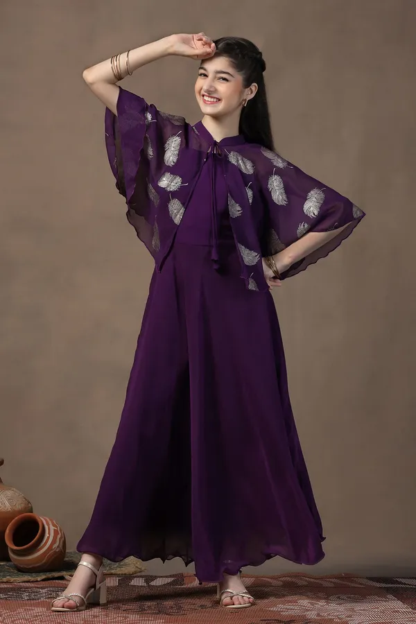 Voilet_Georgette_Solid_Fit_&_Flare_Calf_Length_Dress_For_Girls
