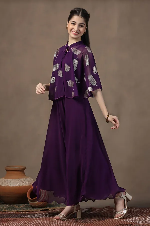 Voilet_Georgette_Solid_Fit_&_Flare_Calf_Length_Dress_For_Girls