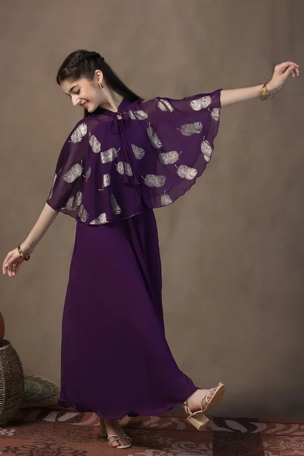 Voilet_Georgette_Solid_Fit_&_Flare_Calf_Length_Dress_For_Girls