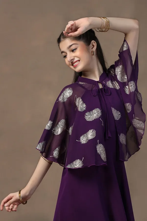 Voilet_Georgette_Solid_Fit_&_Flare_Calf_Length_Dress_For_Girls