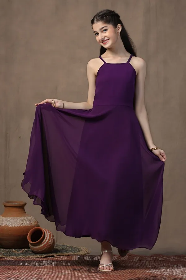 Voilet_Georgette_Solid_Fit_&_Flare_Calf_Length_Dress_For_Girls