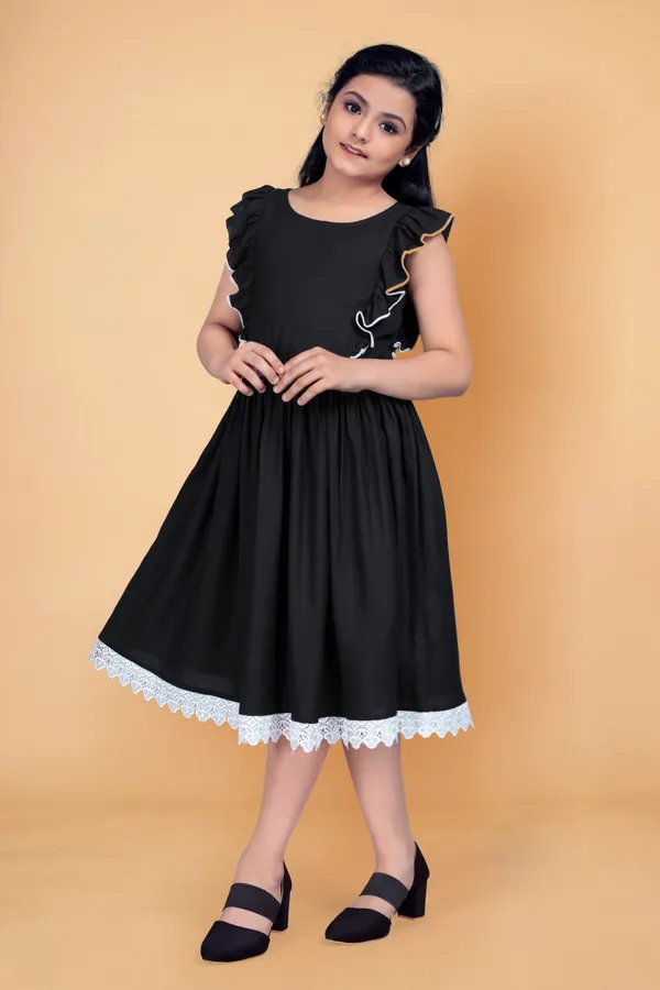 Black_Rayon_Knee_Length_Flutter_Sleeve_Dress_For_Girls