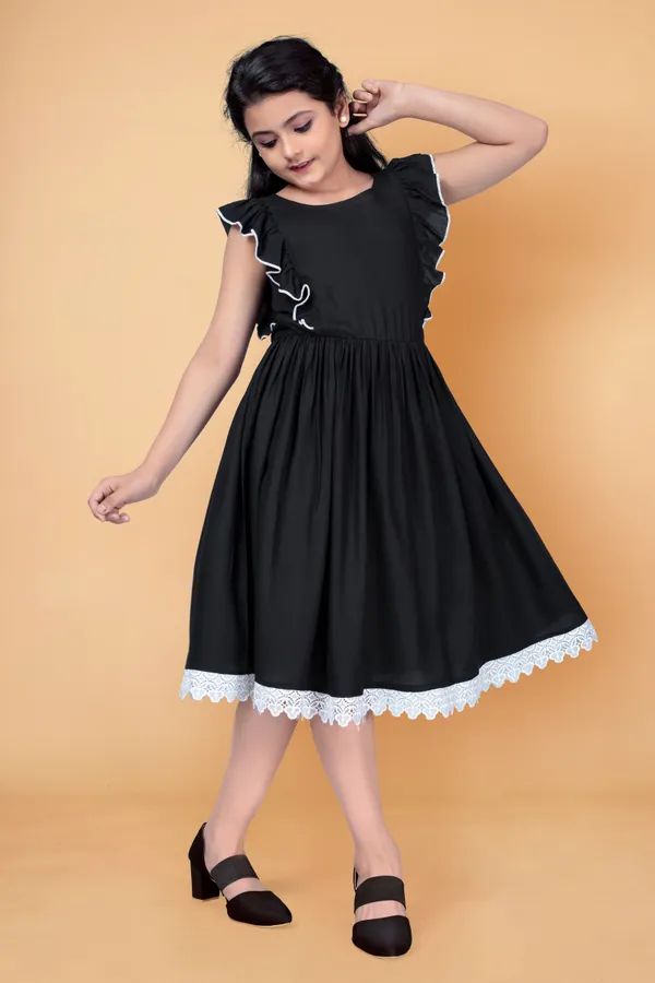 Black_Rayon_Knee_Length_Flutter_Sleeve_Dress_For_Girls