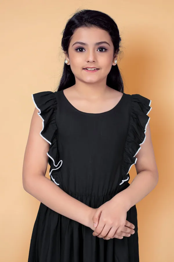Black_Rayon_Knee_Length_Flutter_Sleeve_Dress_For_Girls