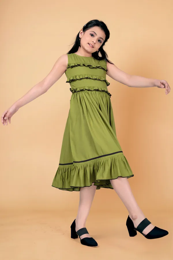 Olive_Rayon_Knee_Length_Ruffle_Trim_Dress_For_Girls