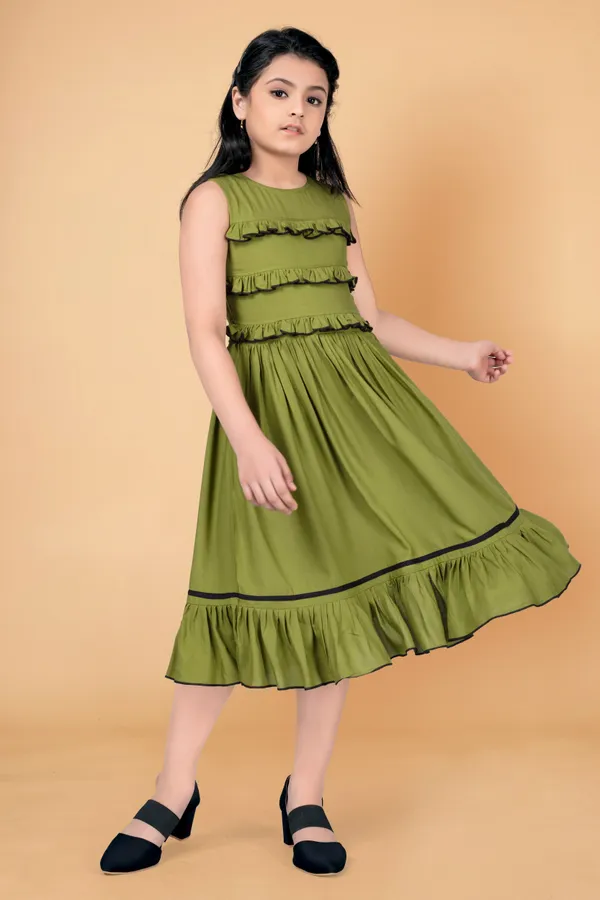 Olive_Rayon_Knee_Length_Ruffle_Trim_Dress_For_Girls