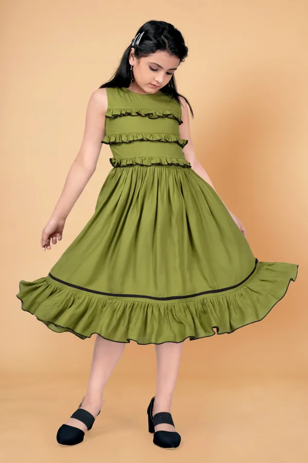 Olive_Rayon_Knee_Length_Ruffle_Trim_Dress_For_Girls