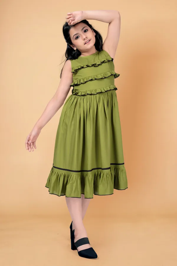 Olive_Rayon_Knee_Length_Ruffle_Trim_Dress_For_Girls