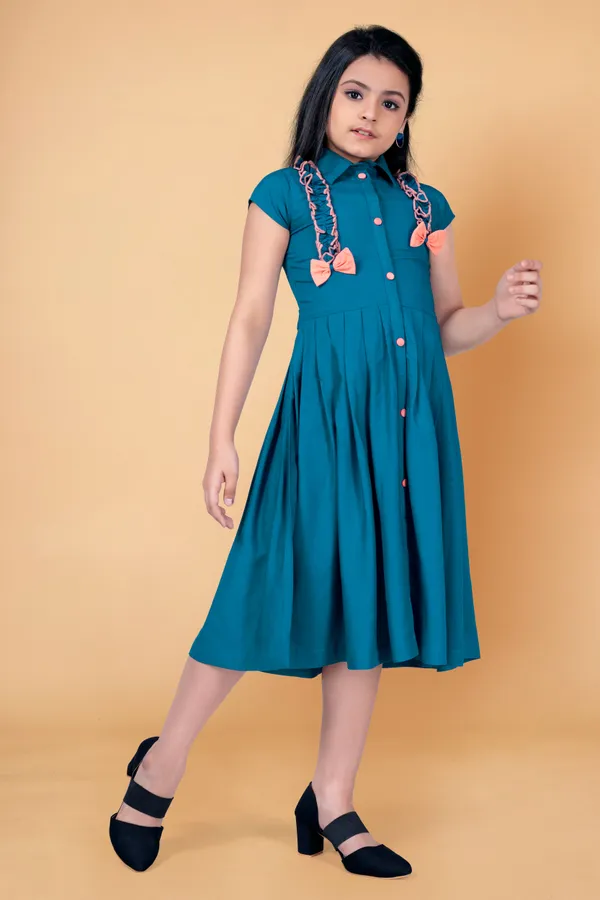 Teal_Blue_Rayon_Knee_Length_Front_Fastening_Dress_For_Girls