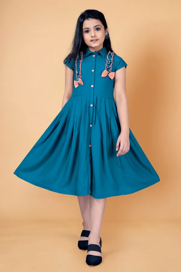 Teal_Blue_Rayon_Knee_Length_Front_Fastening_Dress_For_Girls