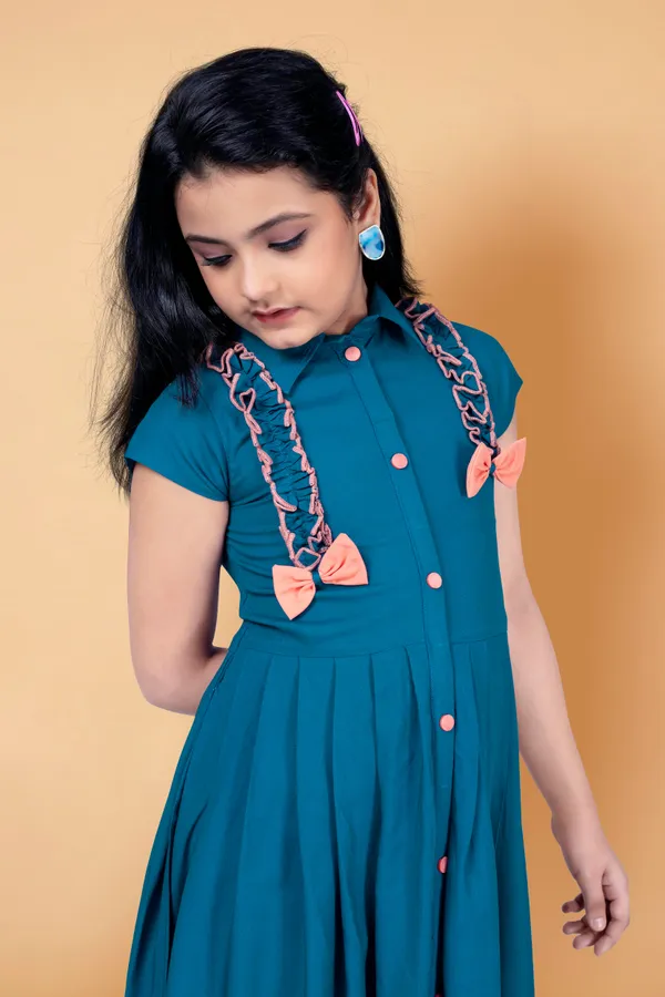 Teal_Blue_Rayon_Knee_Length_Front_Fastening_Dress_For_Girls