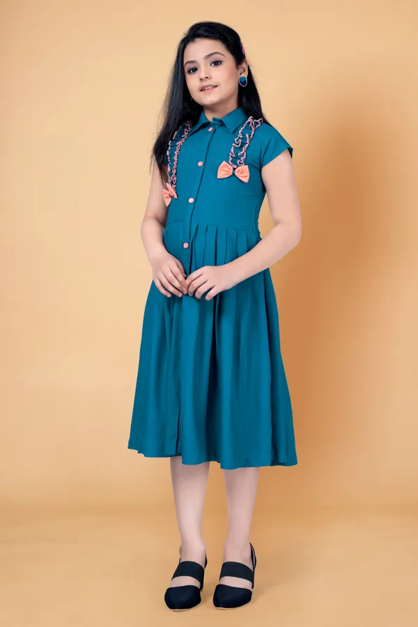 Teal_Blue_Rayon_Knee_Length_Front_Fastening_Dress_For_Girls