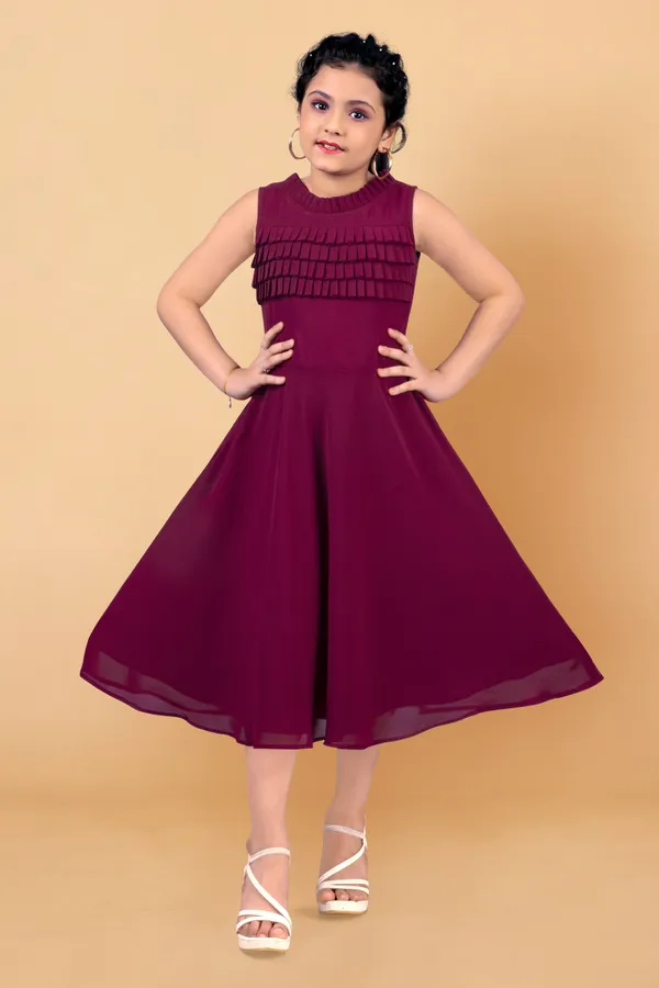 Wine_Georgette_Pleated_Calf_Length_Dress_For_Girls