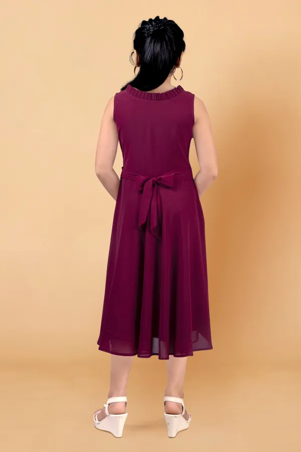 Wine_Georgette_Pleated_Calf_Length_Dress_For_Girls