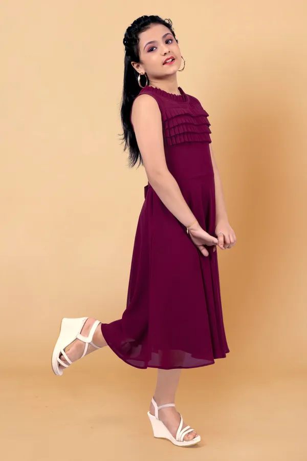 Wine_Georgette_Pleated_Calf_Length_Dress_For_Girls