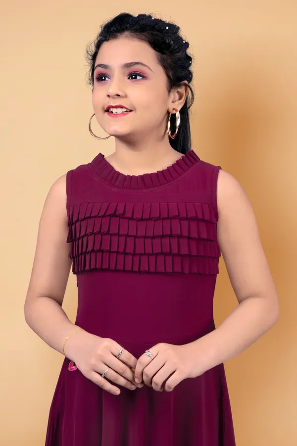 Wine_Georgette_Pleated_Calf_Length_Dress_For_Girls