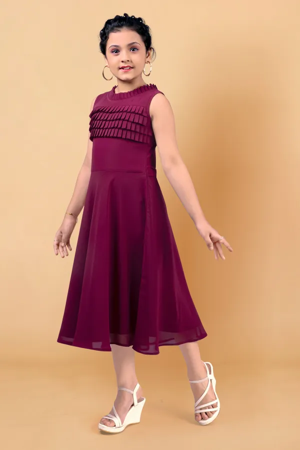Wine_Georgette_Pleated_Calf_Length_Dress_For_Girls