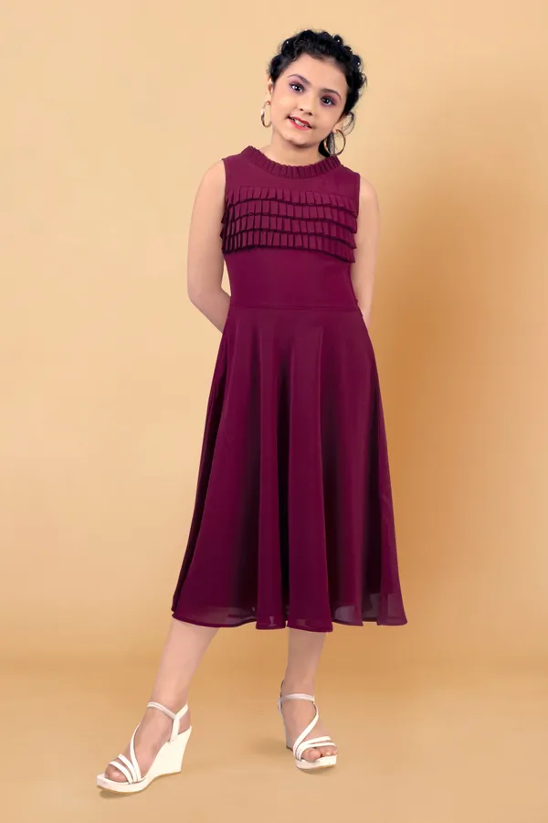 Wine_Georgette_Pleated_Calf_Length_Dress_For_Girls
