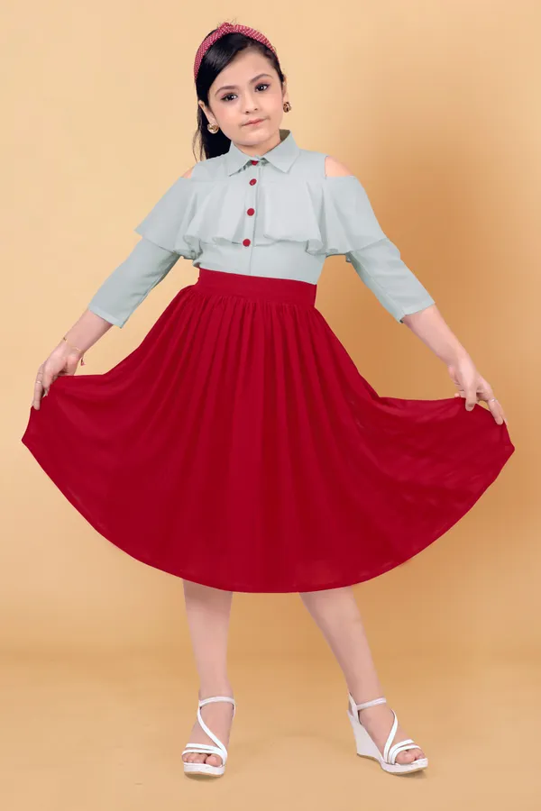 Grey_Georgette_Shirt_Style_Calf_Length_Dress_For_Girls