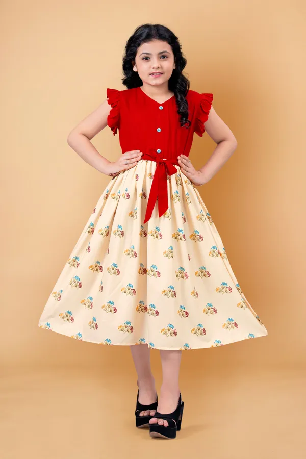 Red_Crepe_Floral_Printed_Calf_Length_Dress_For_Girls