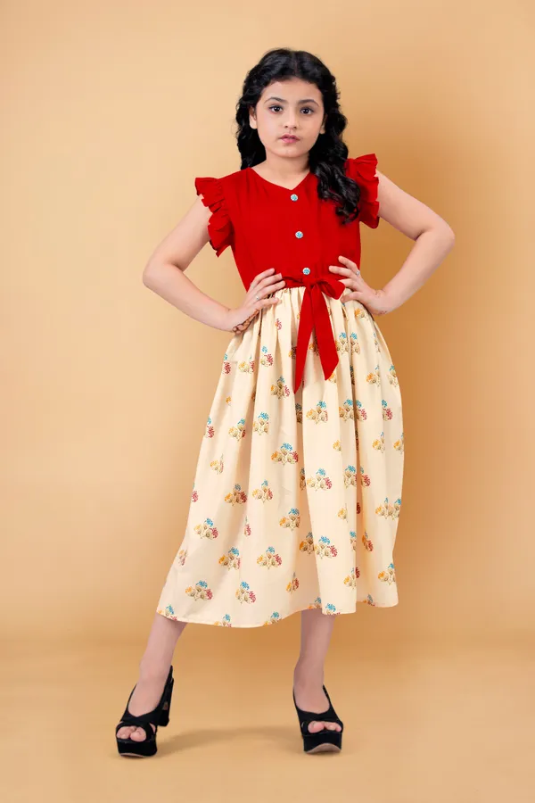 Red_Crepe_Floral_Printed_Calf_Length_Dress_For_Girls