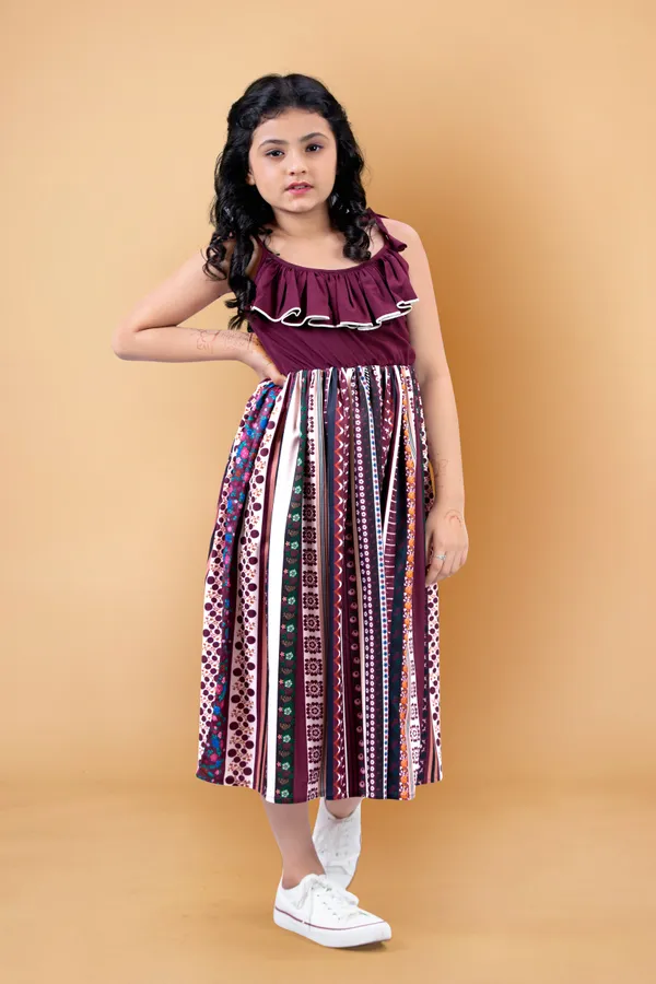 Wine_Crepe_Digital_Print_Calf_Length_Dress_For_Girls