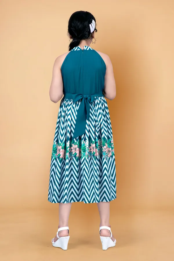 Teal_Crepe_Floral_And_Chevron_Printed_Calf_Length_Dress_For_Girls