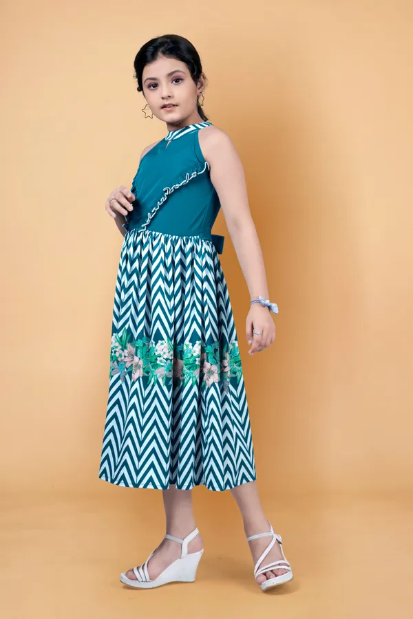 Teal_Crepe_Floral_And_Chevron_Printed_Calf_Length_Dress_For_Girls
