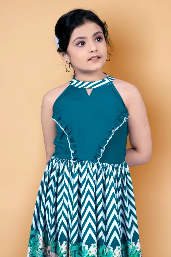 Teal_Crepe_Floral_And_Chevron_Printed_Calf_Length_Dress_For_Girls