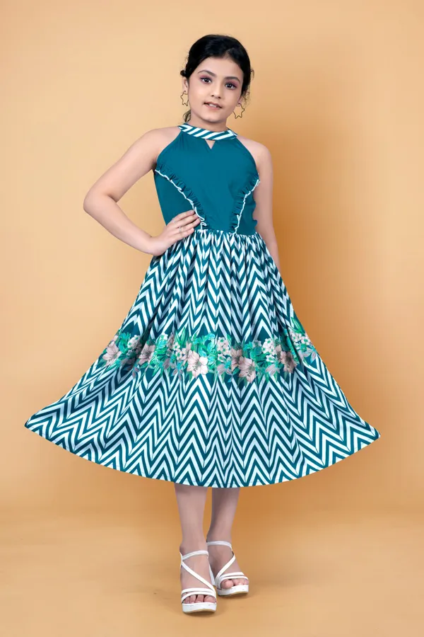 Teal_Crepe_Floral_And_Chevron_Printed_Calf_Length_Dress_For_Girls