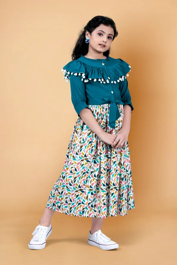 Teal_Crepe_Digital_Printed_Calf_Length_Dress_For_Girls