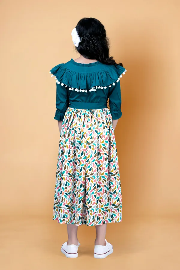 Teal_Crepe_Digital_Printed_Calf_Length_Dress_For_Girls