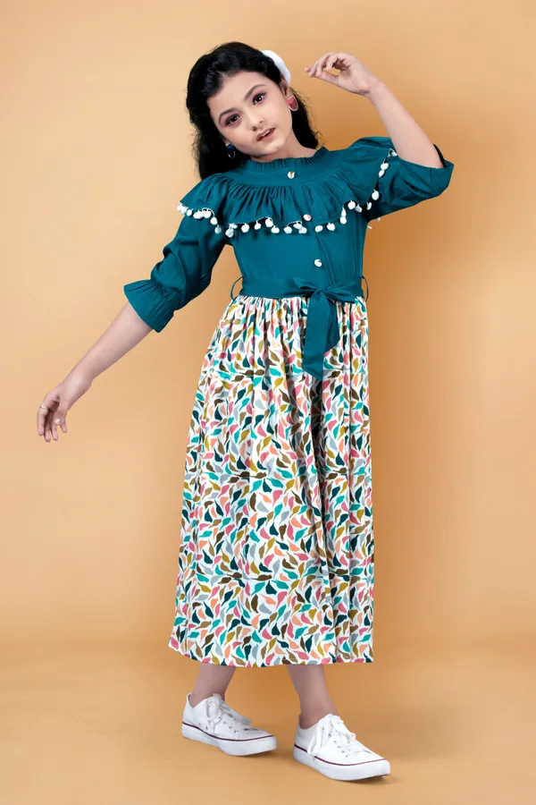 Teal_Crepe_Digital_Printed_Calf_Length_Dress_For_Girls
